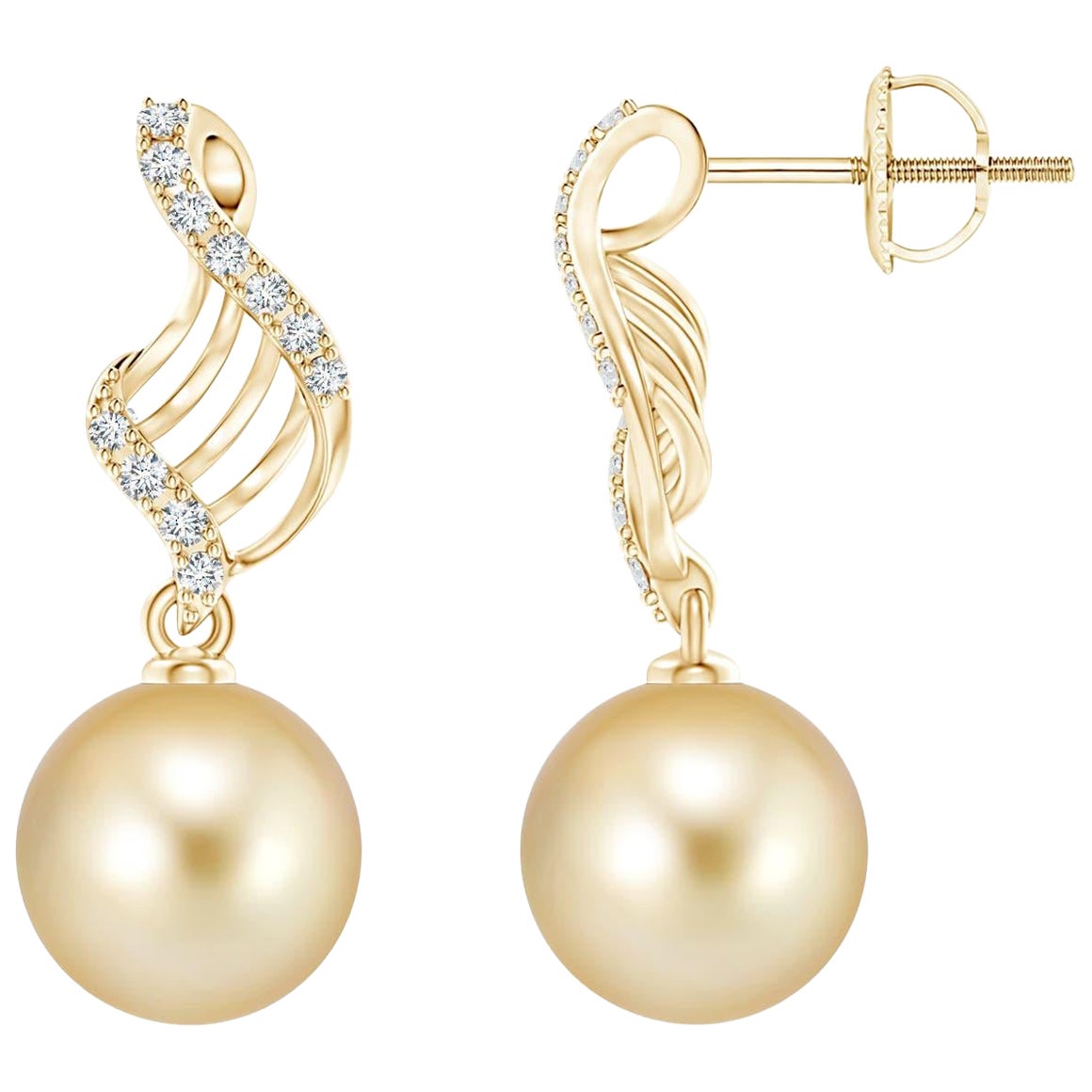 Angara - Boucles d'oreilles pendantes en or massif 14 carats avec perles de culture des mers du Sud en forme de tourbillon