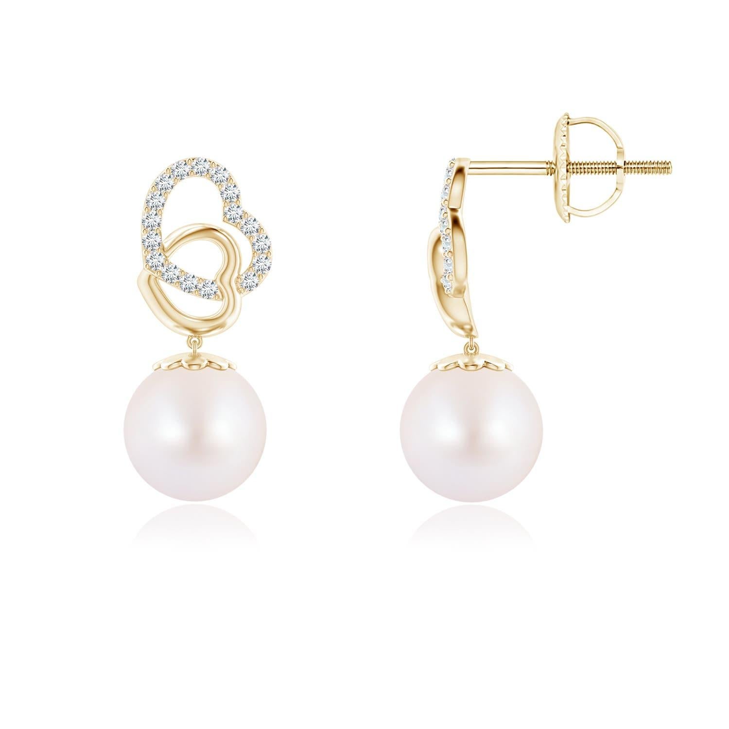 Taille ronde Angara - Pendants d'oreilles avec cœur entrelacé en perles de culture japonaises d'Akoya en or 14K en vente