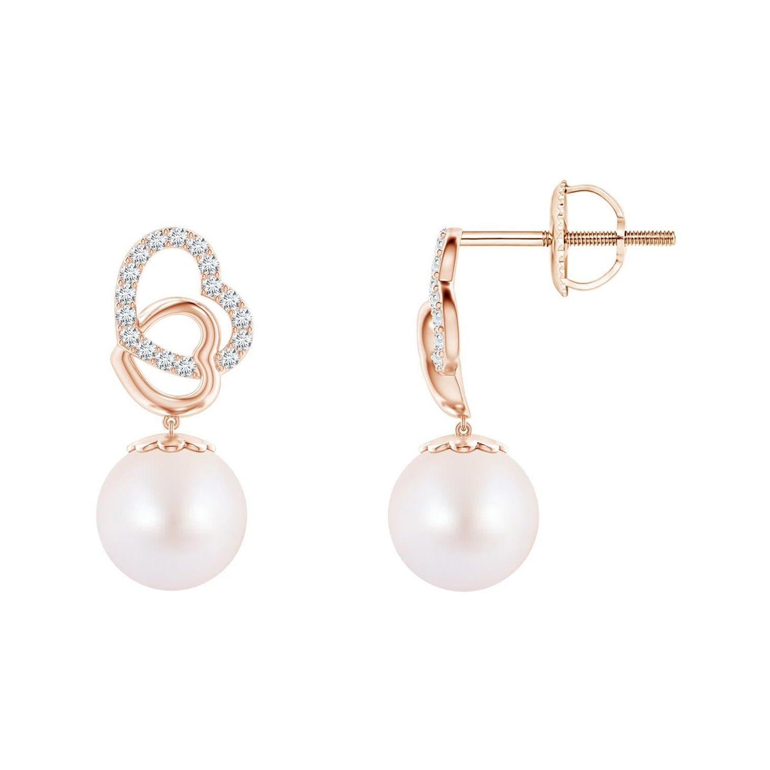 Angara - Pendants d'oreilles avec cœur entrelacé en perles de culture japonaises d'Akoya en or 14K en vente