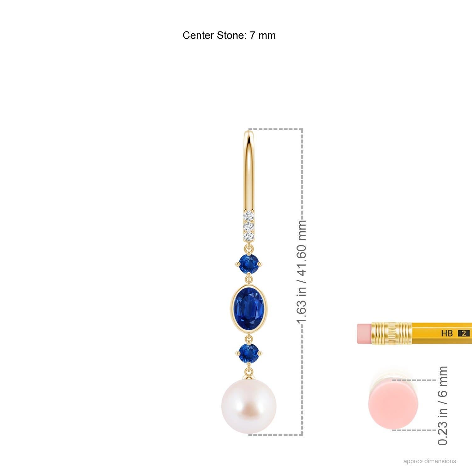 Taille ronde Boucles d'oreilles Angara en perles de culture Akoya japonaises avec saphirs en or massif 14K en vente