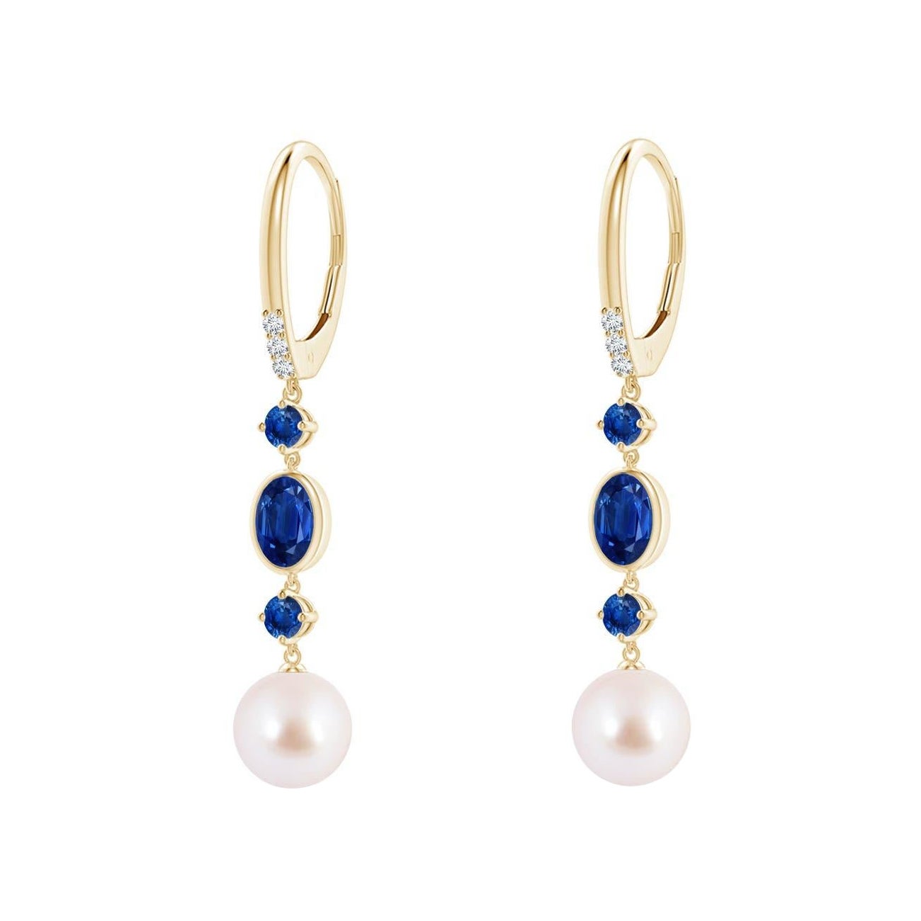 Boucles d'oreilles Angara en perles de culture Akoya japonaises avec saphirs en or massif 14K