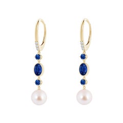Boucles d'oreilles Angara en perles de culture Akoya japonaises avec saphirs en or massif 14K