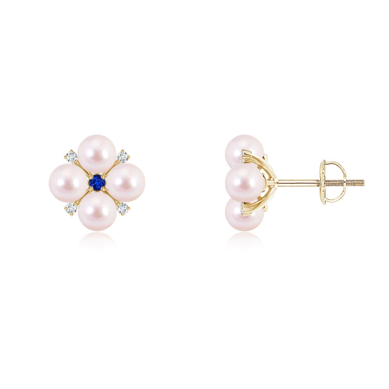 Boucles d'oreilles florales en perles de culture japonaises d'Akoya d'Angara avec saphir bleu en or 14K Neuf - En vente à Los Angeles, CA