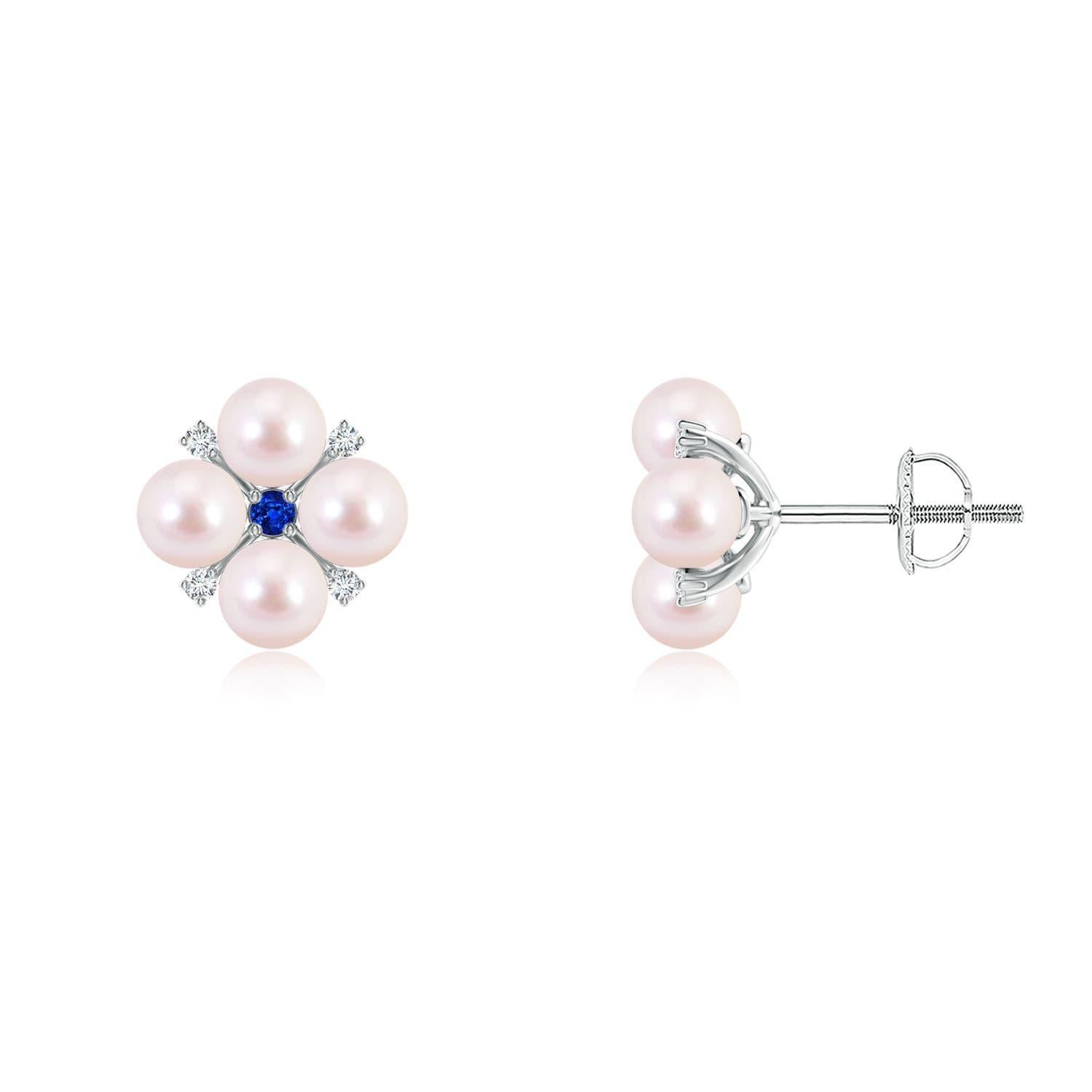 Boucles d'oreilles florales en perles de culture japonaises d'Akoya d'Angara avec saphir bleu en or 14K Pour femmes en vente