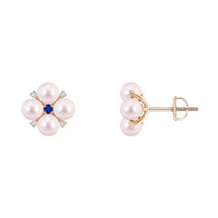 Boucles d'oreilles florales en perles de culture japonaises d'Akoya d'Angara avec saphir bleu en or 14K