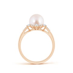 Angara Japanese Akoya Cultured Pearl Ring with Diamond Halo in 14K Solid Gold