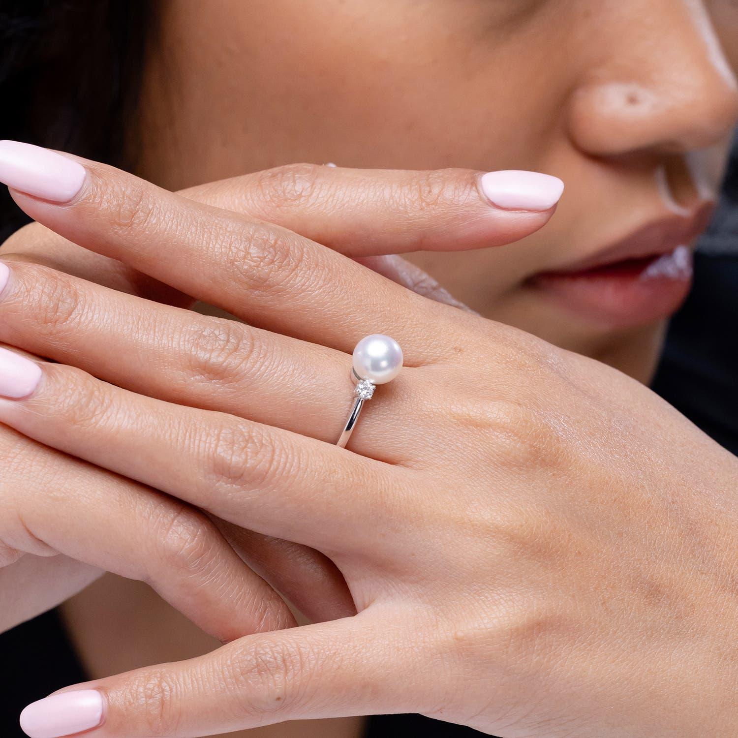 Modern Angara Japanese Akoya Cultured Pearl Ring with Diamonds in 14K Solid Gold For Sale