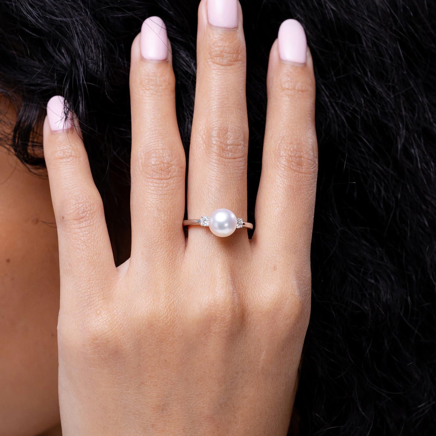 Round Cut Angara Japanese Akoya Cultured Pearl Ring with Diamonds in 14K Solid Gold For Sale