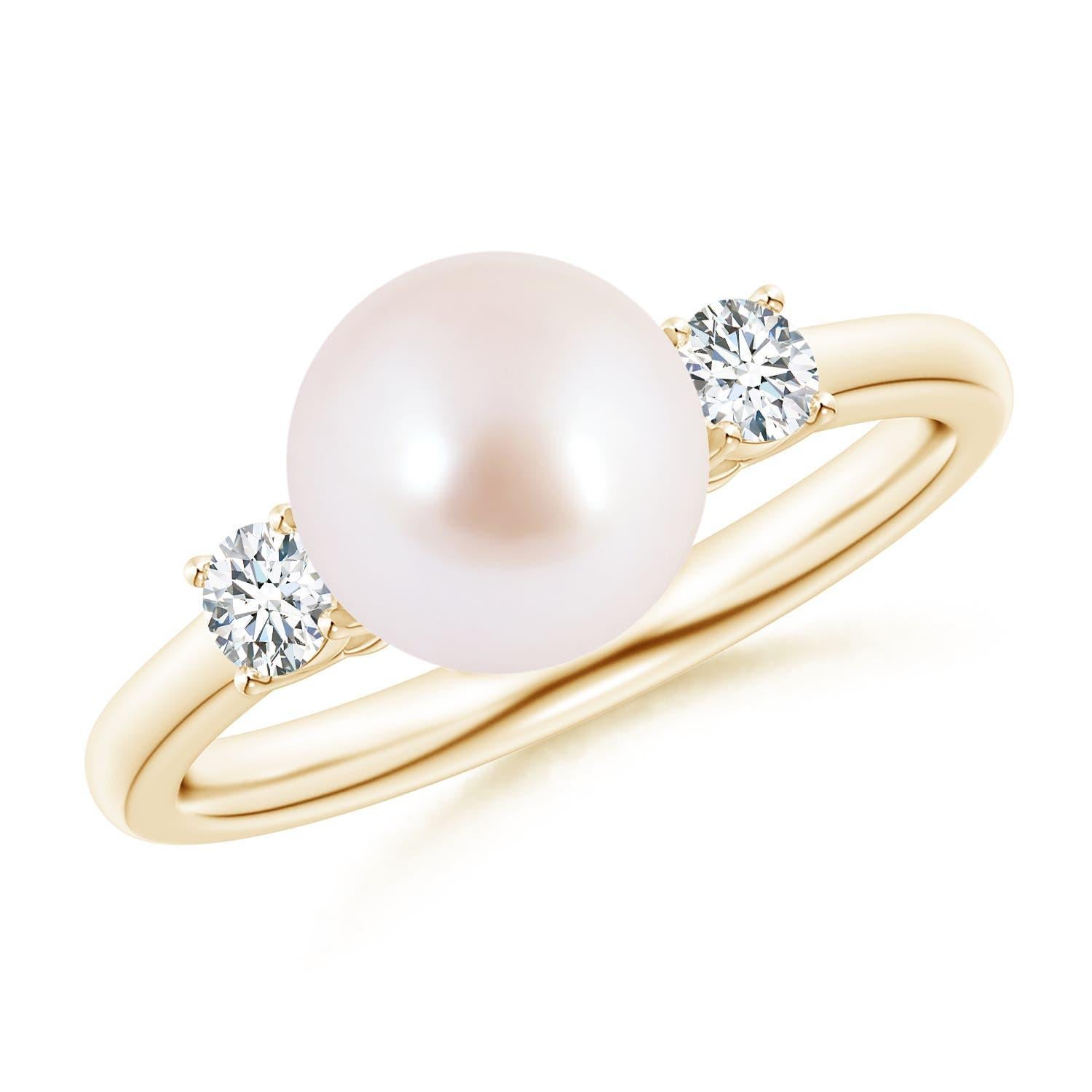 Angara Japanese Akoya Cultured Pearl Ring with Diamonds in 14K Solid Gold For Sale 2