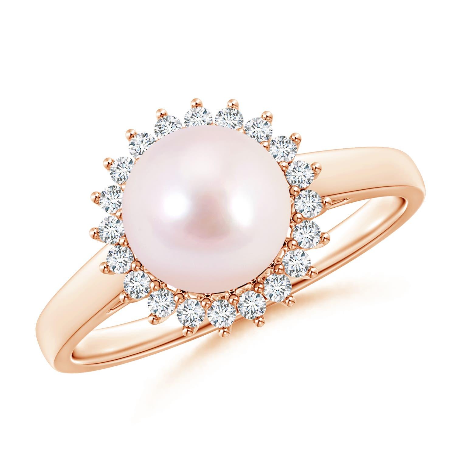 Angara Japanese Akoya Cultured Pearl Ring with Floral Halo in 14K Solid Gold For Sale 1