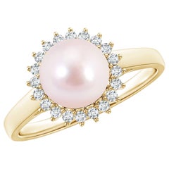 Anello Angara con perla di coltura Akoya giapponese e alone floreale in oro massiccio 14 carati