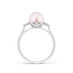 Angara Japanese Akoya Cultured Pearl Ring with Trio Diamonds in 14K Solid Gold