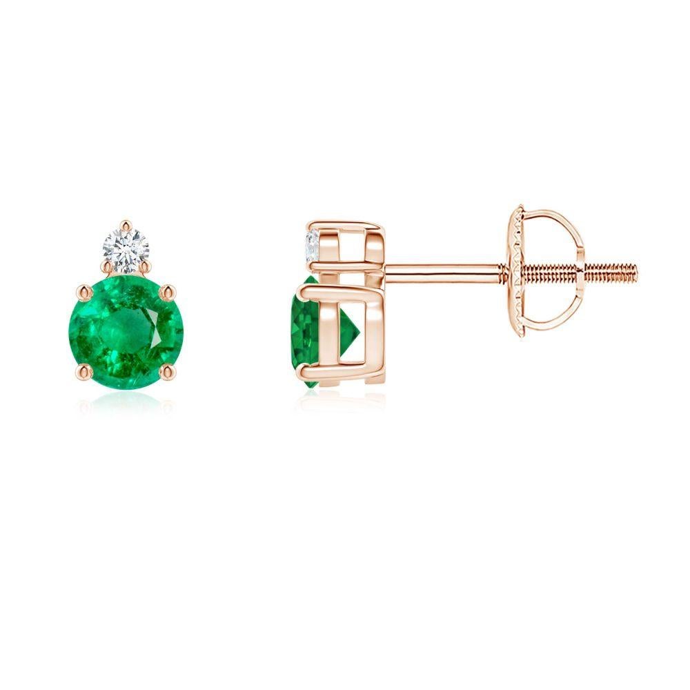 ANGARA Natural 0.48ct Emerald Stud Earrings with Diamond in 14K Rose Gold For Sale