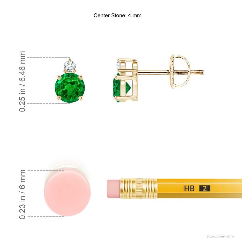 These stunning emerald solitaire stud earrings are accented with twinkling diamonds at the base. They are crafted in 14K yellow gold exhibiting a fine combination of the rich green hue and the star-like brilliance of the diamonds.
Emerald is the