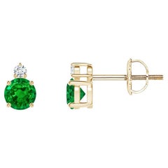 ANGARA Natural 0.48ct Emerald Stud Earrings with Diamond in 14K Yellow Gold
