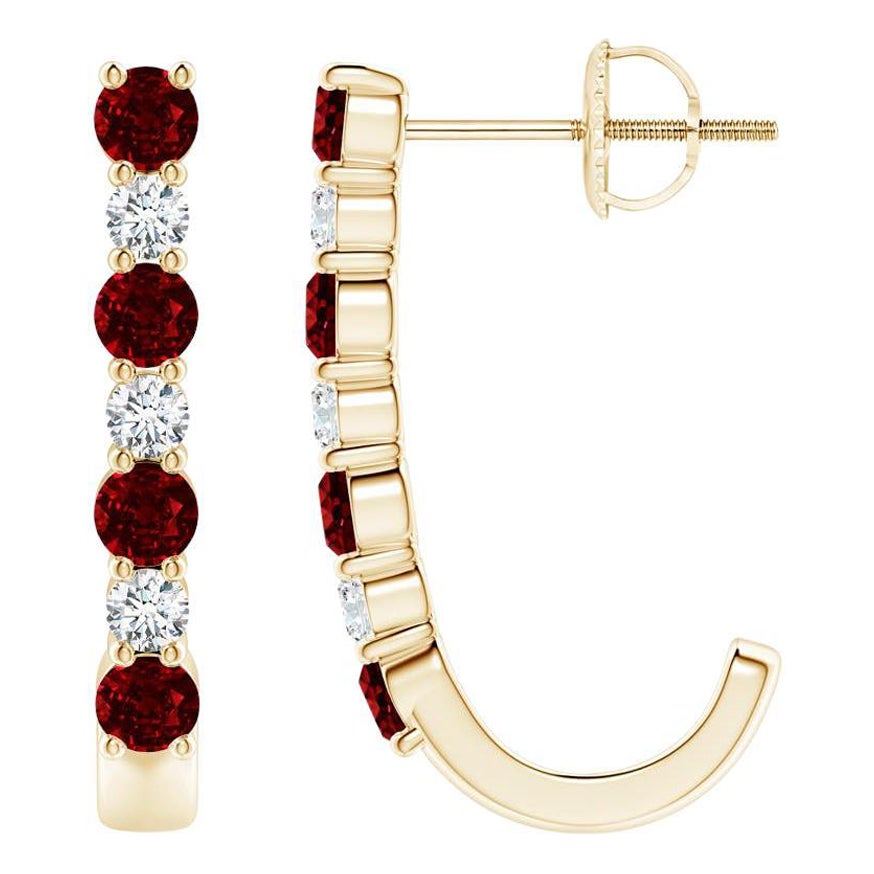 ANGARA Boucles d'oreilles J-Hoop en or jaune 14 carats avec rubis naturel de 0,72 carat et diamants