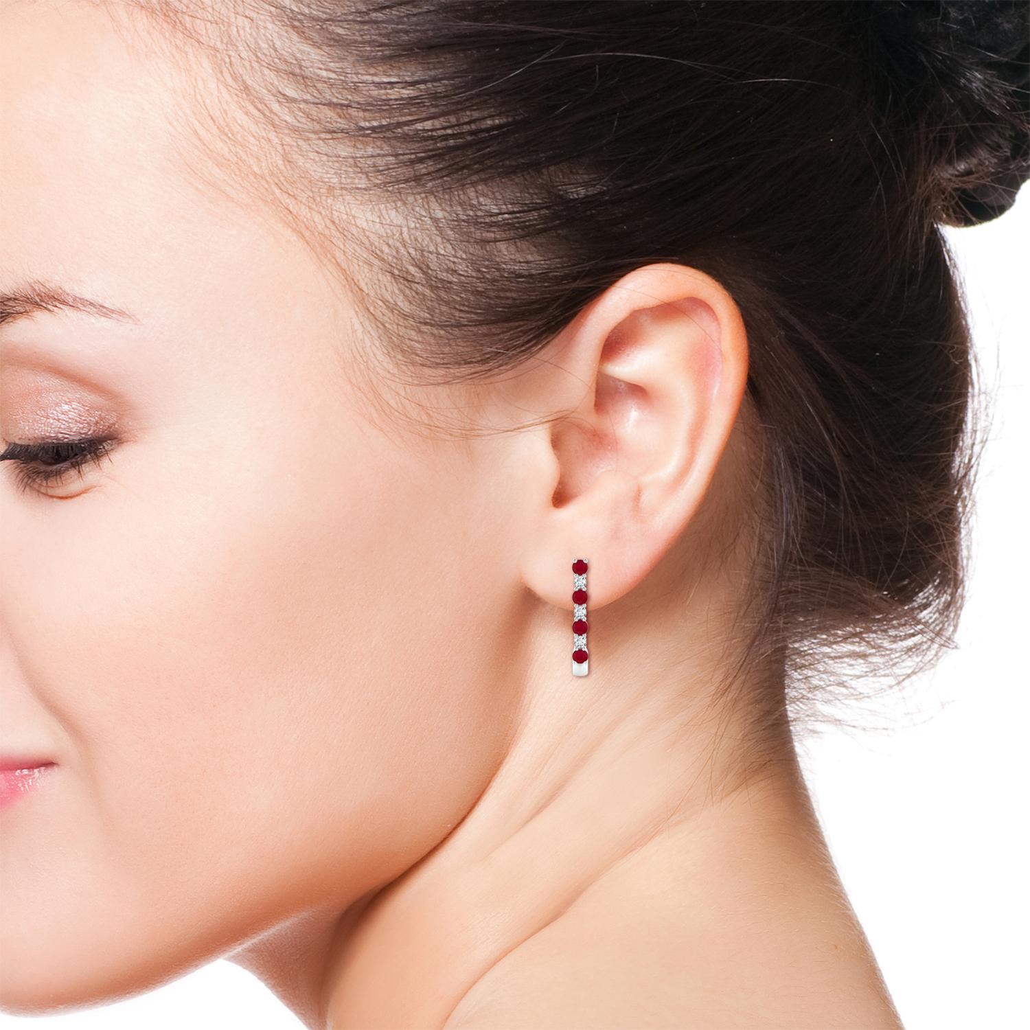 Modern ANGARA Natural 0.72ct Ruby and Diamond J-Hoop Earrings in Platinum  For Sale
