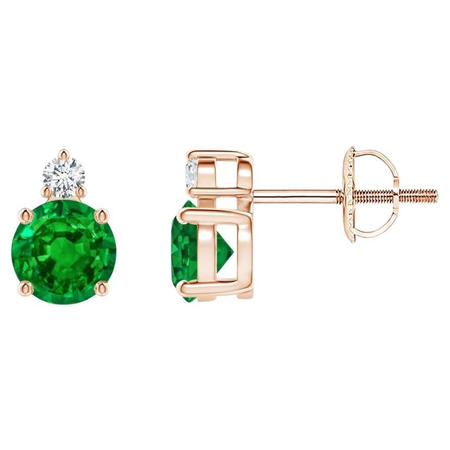 ANGARA Natural 0.90ct Emerald Stud Earrings with Diamond in 14K Rose Gold For Sale