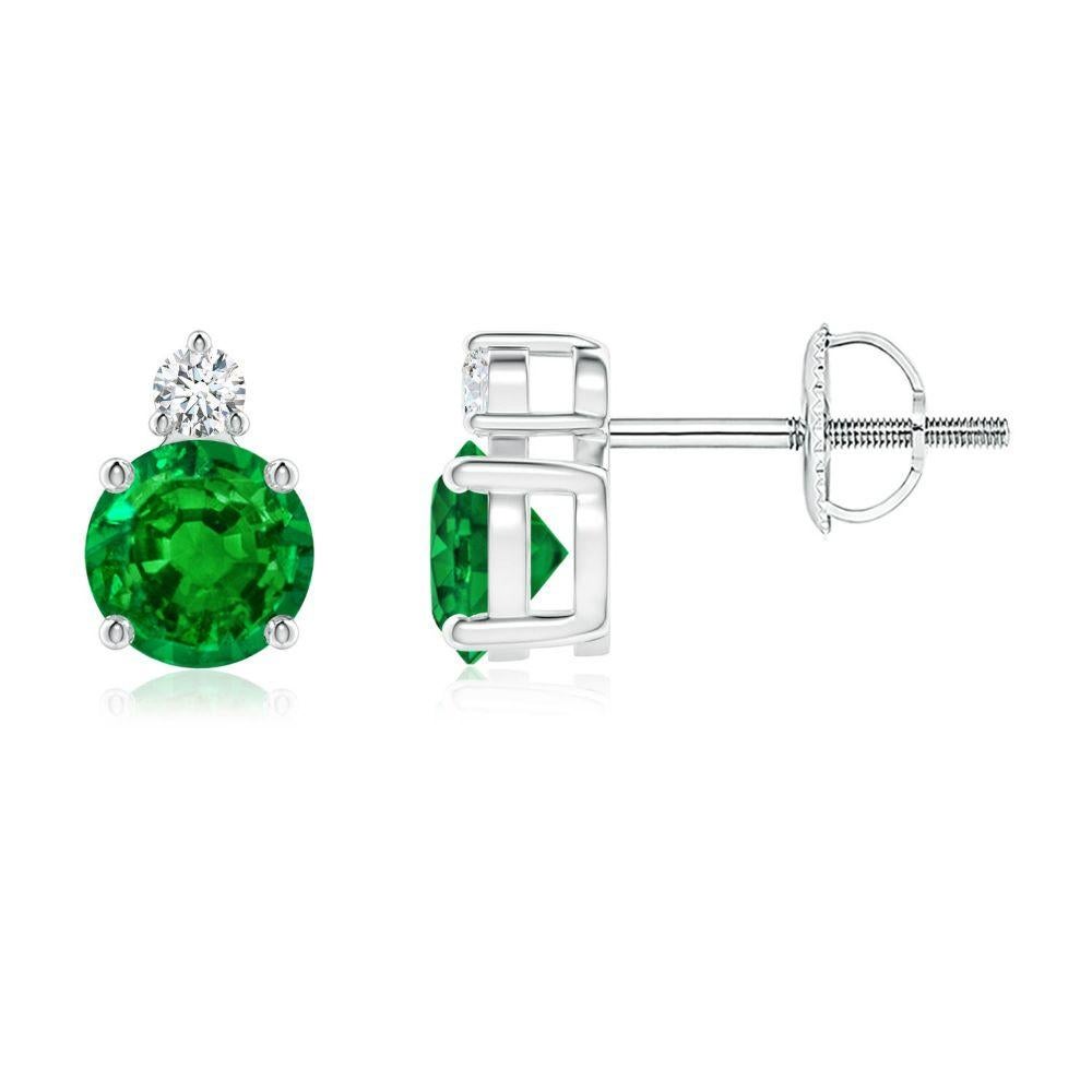 ANGARA Natural 0.90ct Emerald Stud Earrings with Diamond in 14K White Gold For Sale