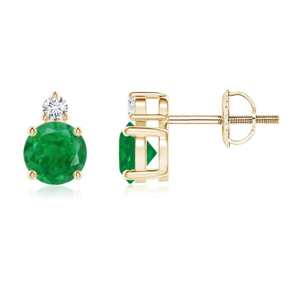 ANGARA Natural 0.90ct Emerald Stud Earrings with Diamond in 14K Yellow Gold For Sale