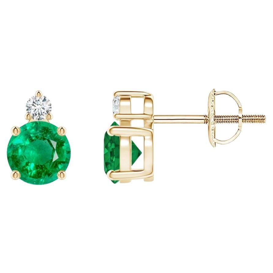 ANGARA Natural 0.90ct Emerald Stud Earrings with Diamond in 14K Yellow Gold For Sale