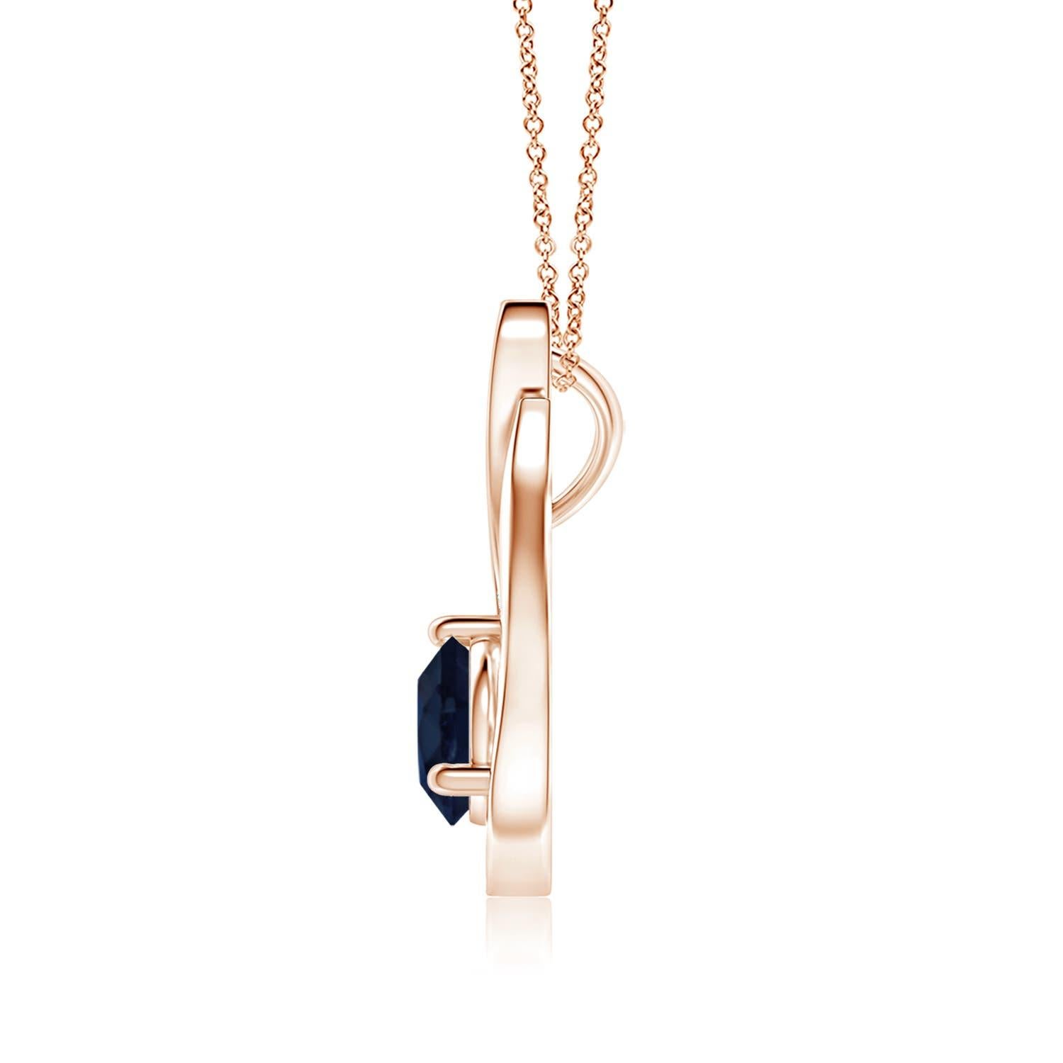 Ein Tulpenanhänger aus 14 Karat Roségold mit einem blauen Saphir, der Sie mit seinem göttlichen Glanz verzaubert. Das Design besteht aus einem runden Saphir in Zackenfassung und diamantenen Akzenten, die das ozeanartige Funkeln des Edelsteins