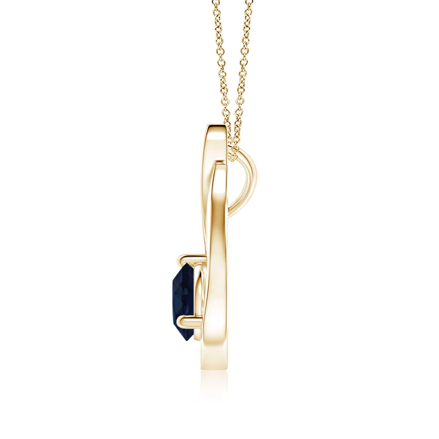 Un colgante tulipán de oro amarillo de 14k con un zafiro azul que te hipnotizará con su divino deslumbramiento. El diseño incluye un zafiro redondo engastado con diamantes que complementan a la perfección el brillo oceánico de la gema. Este colgante