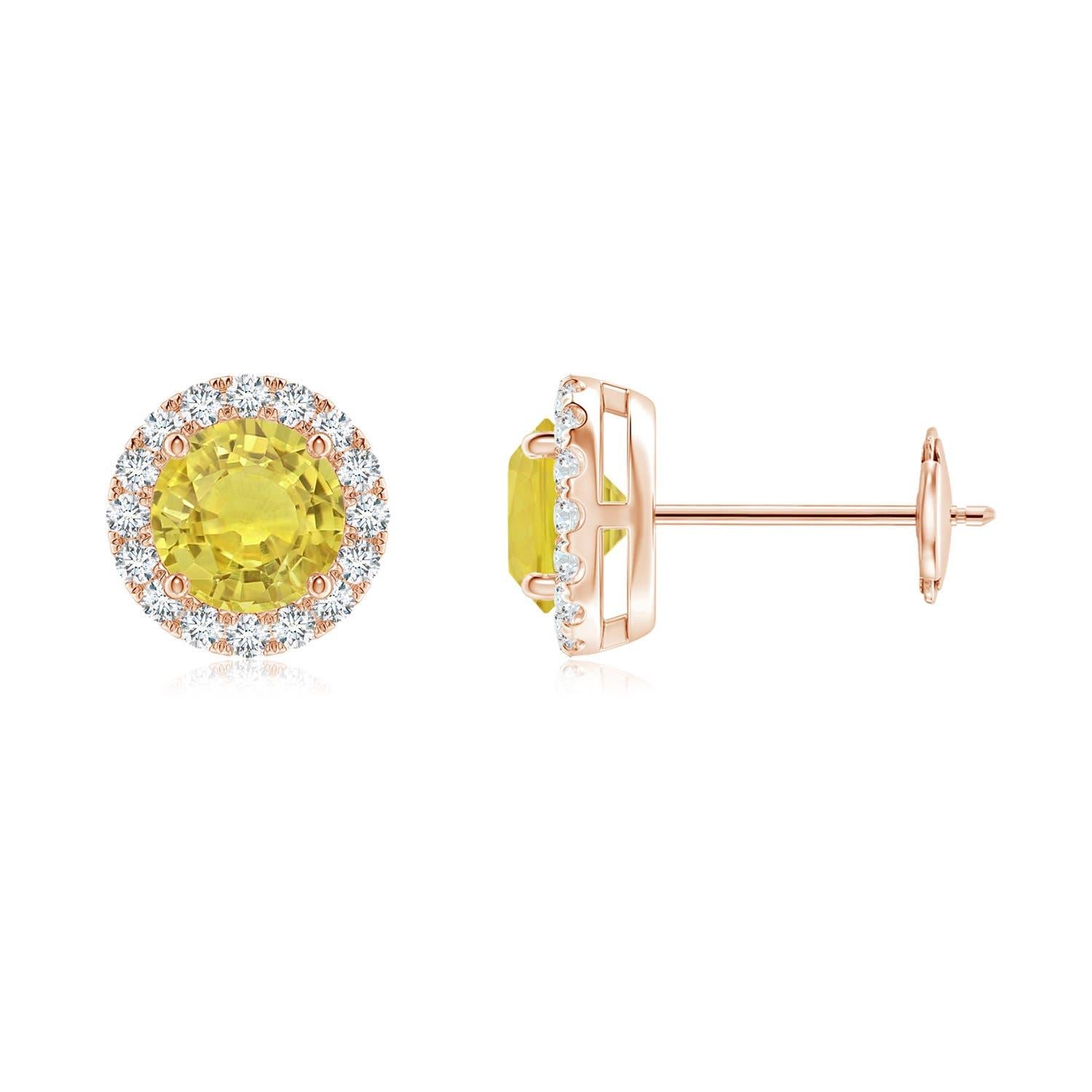 Taille ronde Angara - Boucles d'oreilles halo en or 14 carats avec saphir jaune de 1,06 ct et diamant en vente