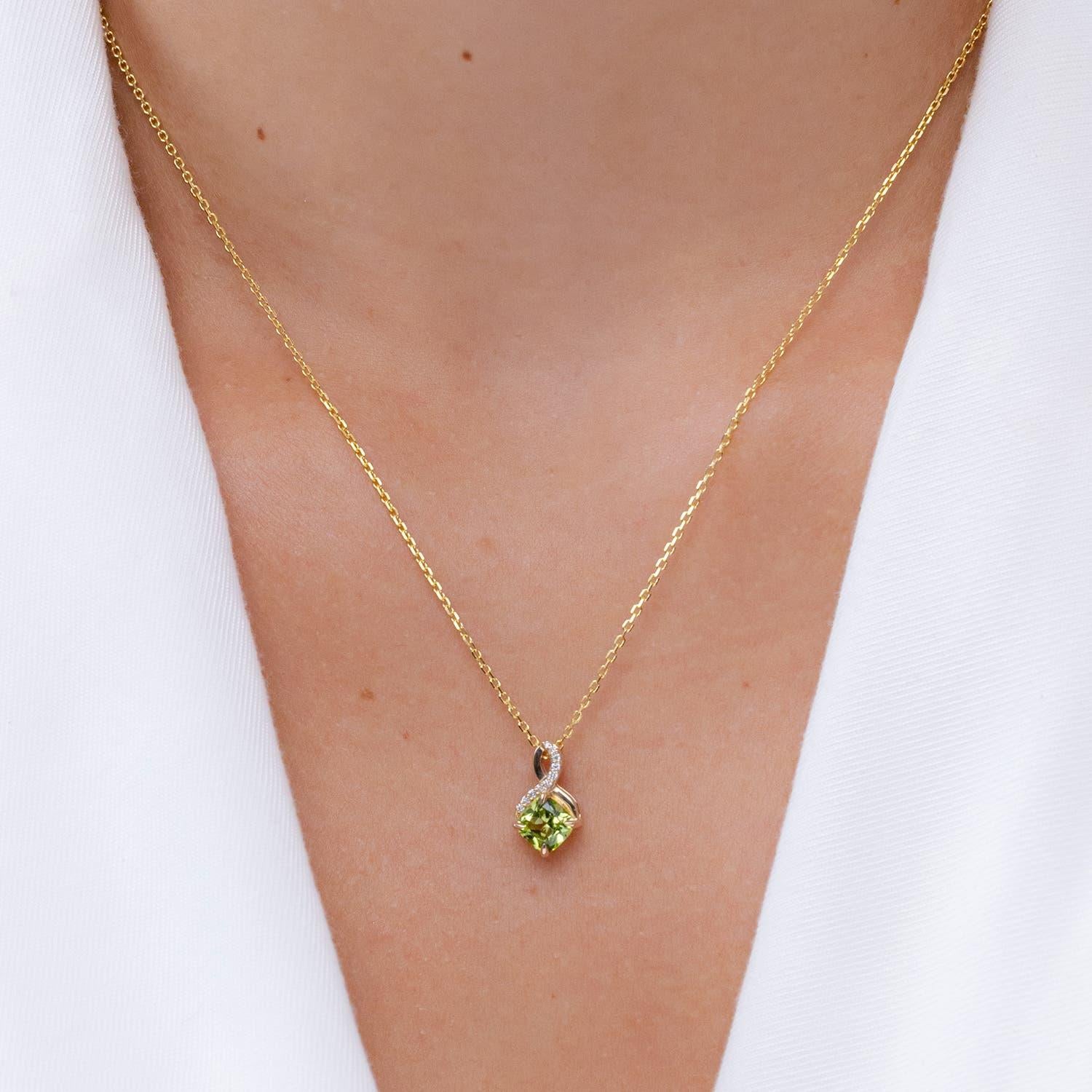 Modern Angara Natural 1.1 ct Peridot Infinity Pendant with Diamonds in 14K Solid Gold For Sale