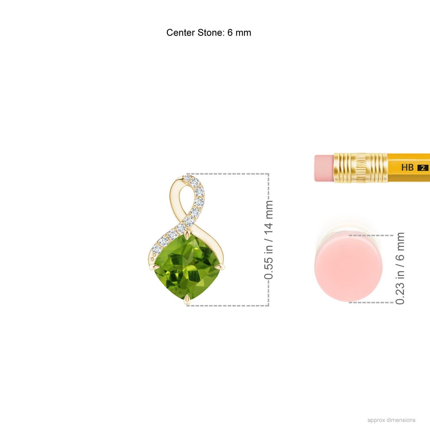 Cushion Cut Angara Natural 1.1 ct Peridot Infinity Pendant with Diamonds in 14K Solid Gold For Sale