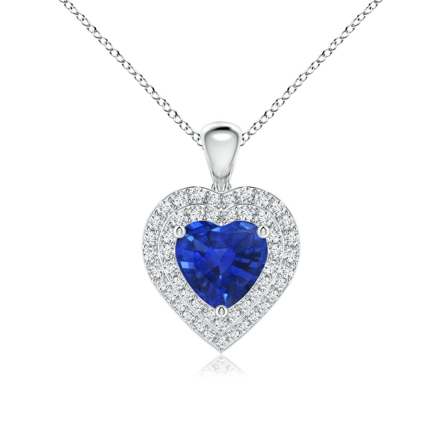 Angara Ciondolo a cuore con zaffiro blu da 1,15 carati e aureola di diamanti in platino in vendita