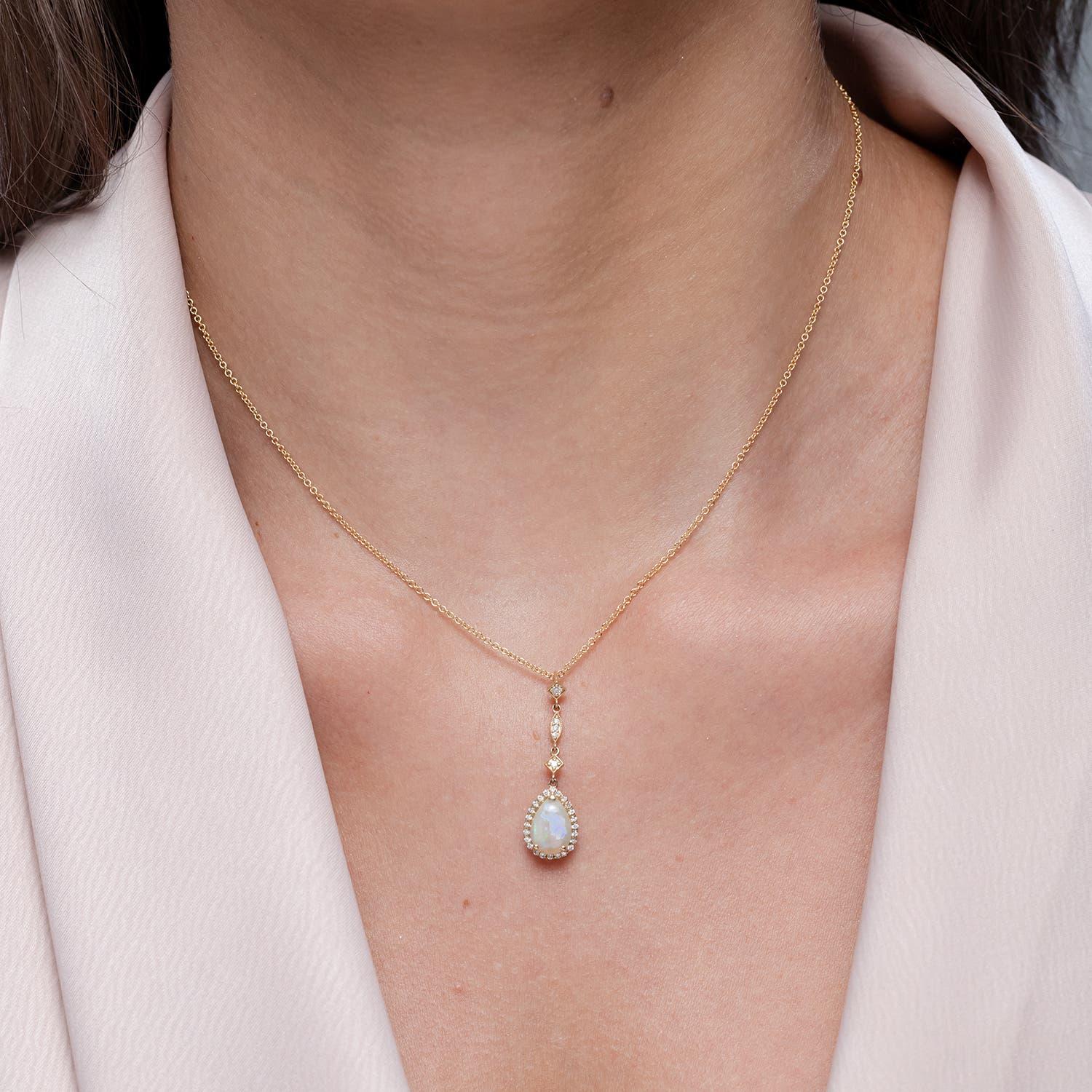 Modern Angara Natural 1.15 ct Opal Teardrop Halo Pendant with Diamond in 14K Solid Gold For Sale