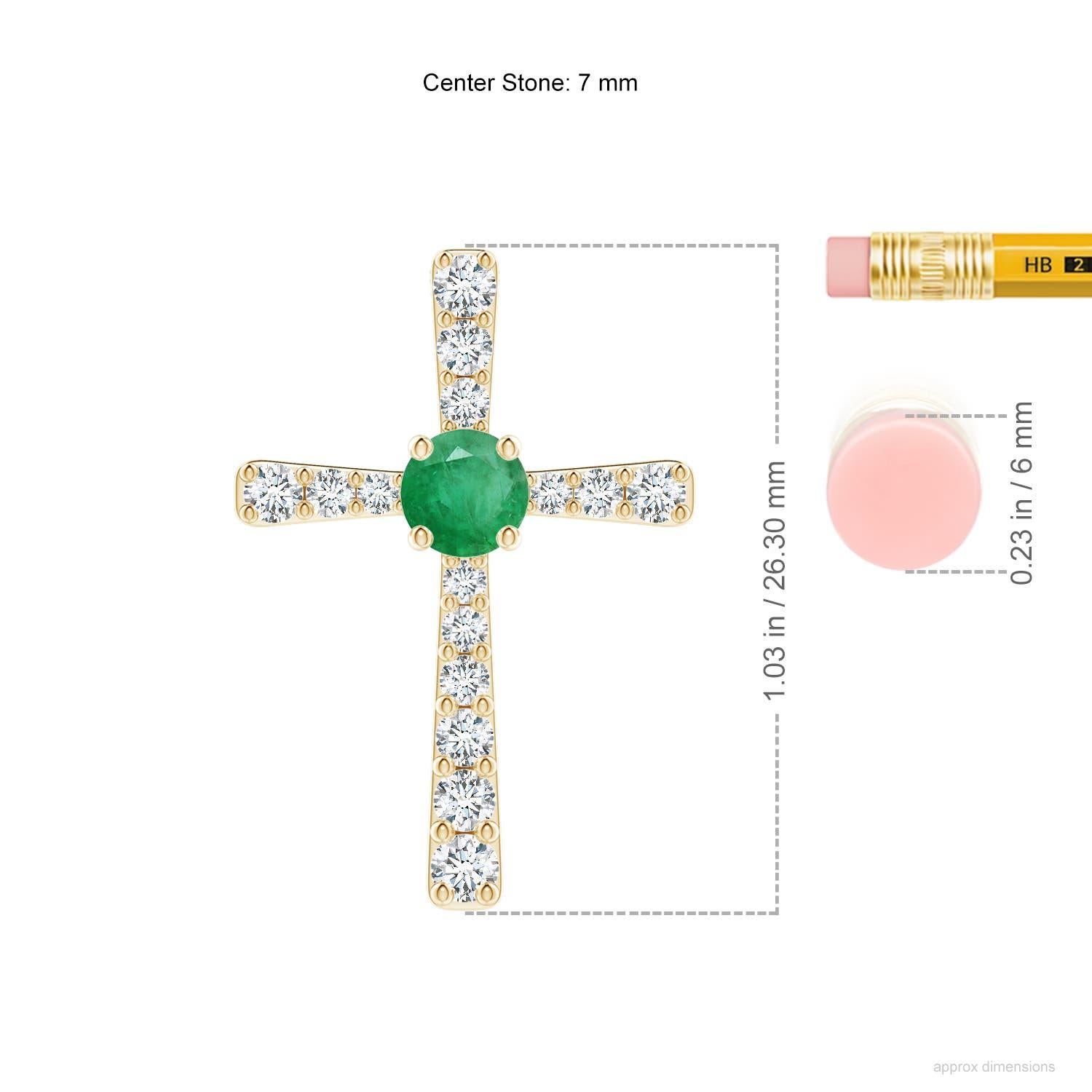 Taille ronde Pendentif croix en or jaune 14K avec émeraude naturelle de 1,2 ct et diamant Angara en vente