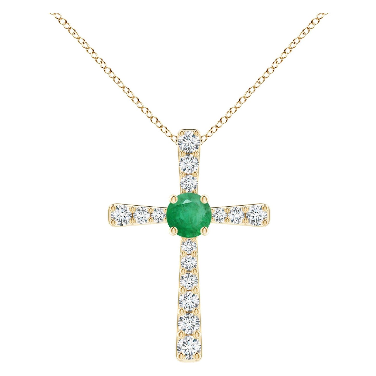 Pendentif croix en or jaune 14K avec émeraude naturelle de 1,2 ct et diamant Angara en vente