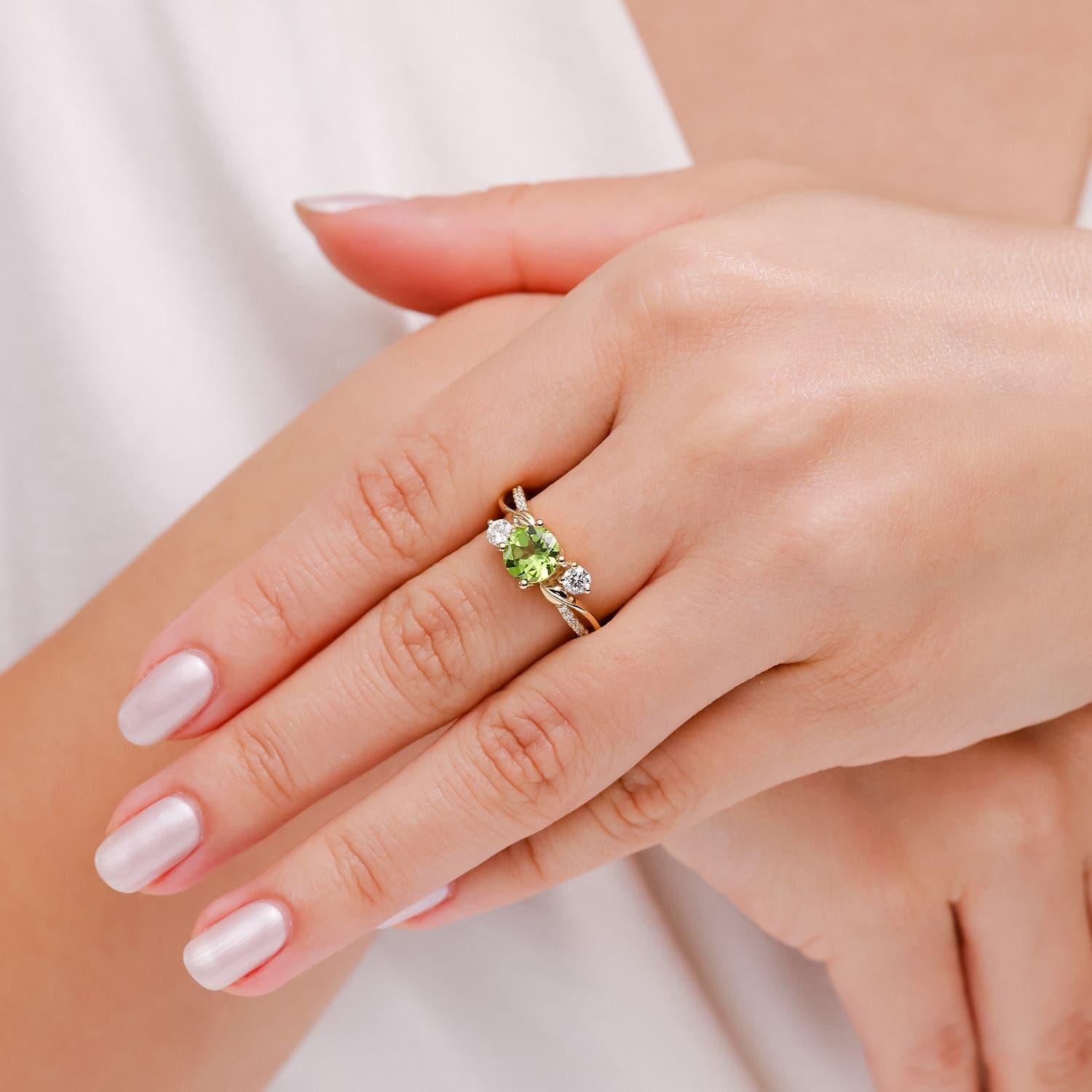 Modern Angara Natural 1.4 ct Peridot and Diamond Twisted Vine Ring in 14K Solid Gold For Sale