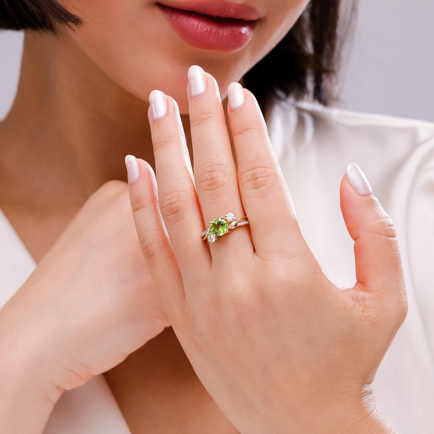 Round Cut Angara Natural 1.4 ct Peridot and Diamond Twisted Vine Ring in 14K Solid Gold For Sale