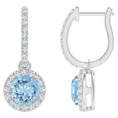 Angara Natural 1.44 ct Aquamarine Dangle Earrings with Diamond Halo in 14K Gold
