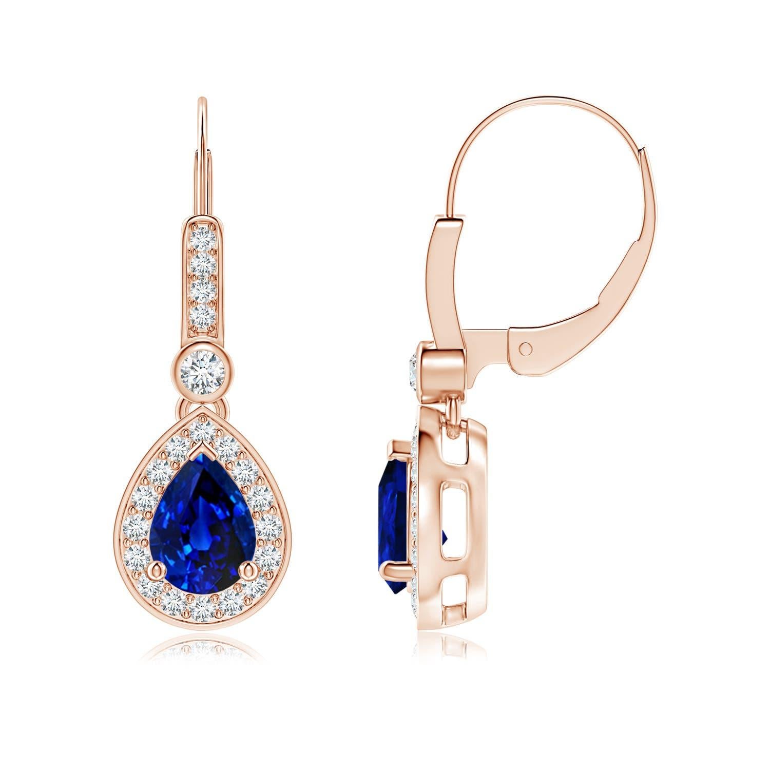 Taille poire Angara - Boucles d'oreilles pendantes en or 14 carats, saphir bleu et diamant, 1,5 ct. en vente