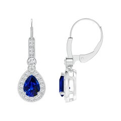 Angara Natural 1.5 ct Blue Sapphire and Diamond Halo Drop Earrings in 14K Gold
