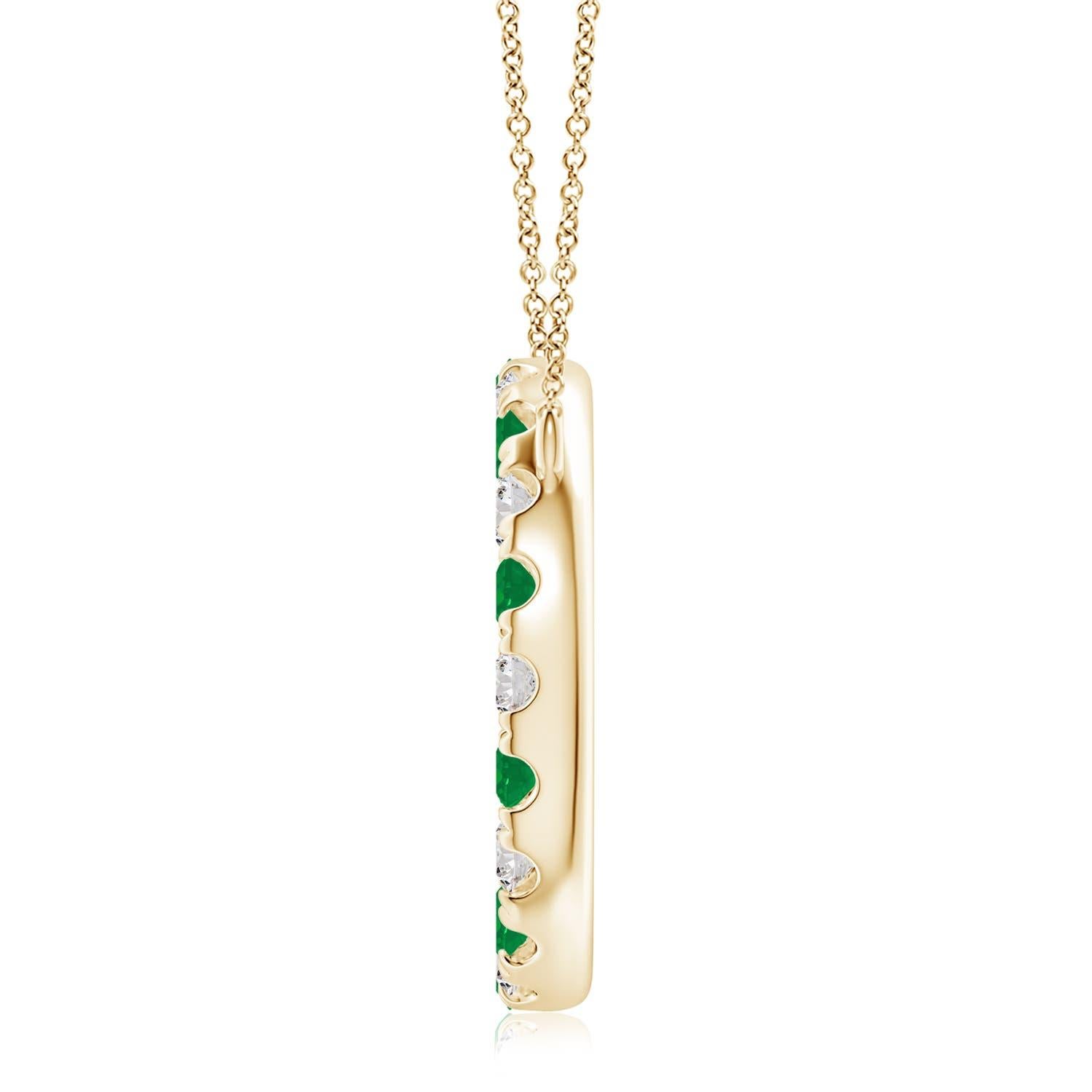 Exuding simple elegance, this dazzling pendant features an open circle studded with lush green emeralds and sparkling diamonds. The gemstones radiate breathtaking beauty and appear to be floating on the chain. This exquisite emerald and diamond open