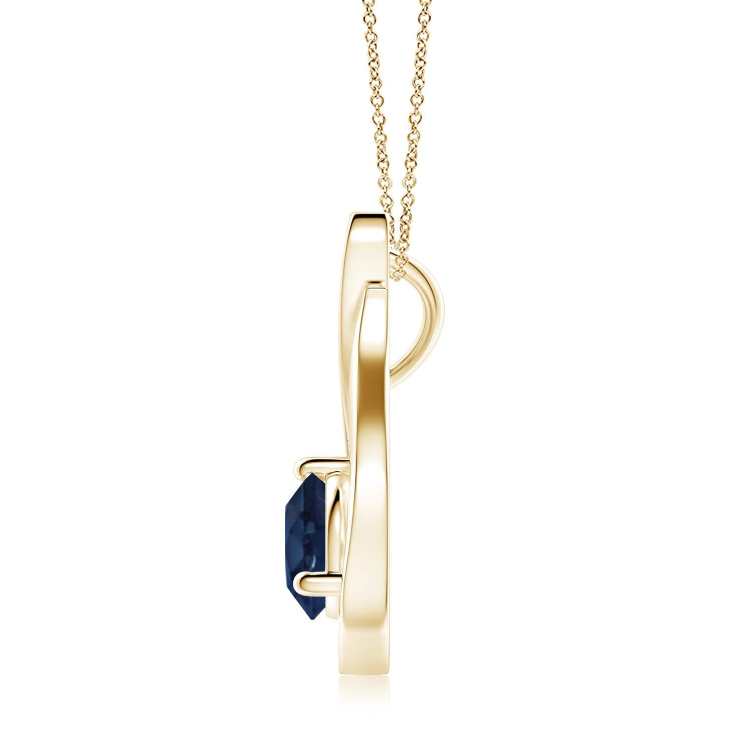 Un colgante tulipán de oro amarillo de 14k con un zafiro azul que te hipnotizará con su divino deslumbramiento. El diseño incluye un zafiro redondo engastado con diamantes que complementan a la perfección el brillo oceánico de la gema. Este colgante