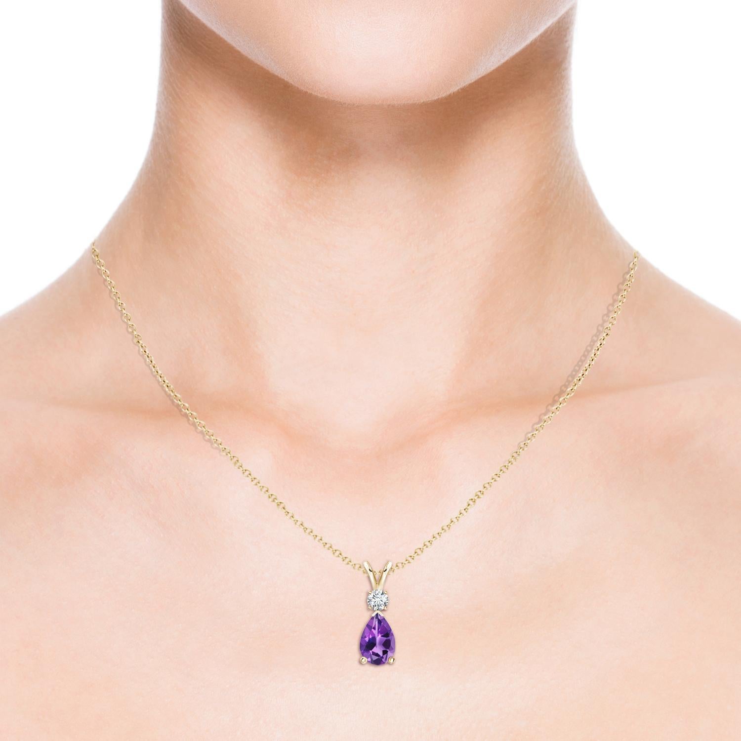 Pear Cut ANGARA Natural 1.60ct Amethyst Teardrop Pendant with Diamond in 14K Yellow Gold For Sale
