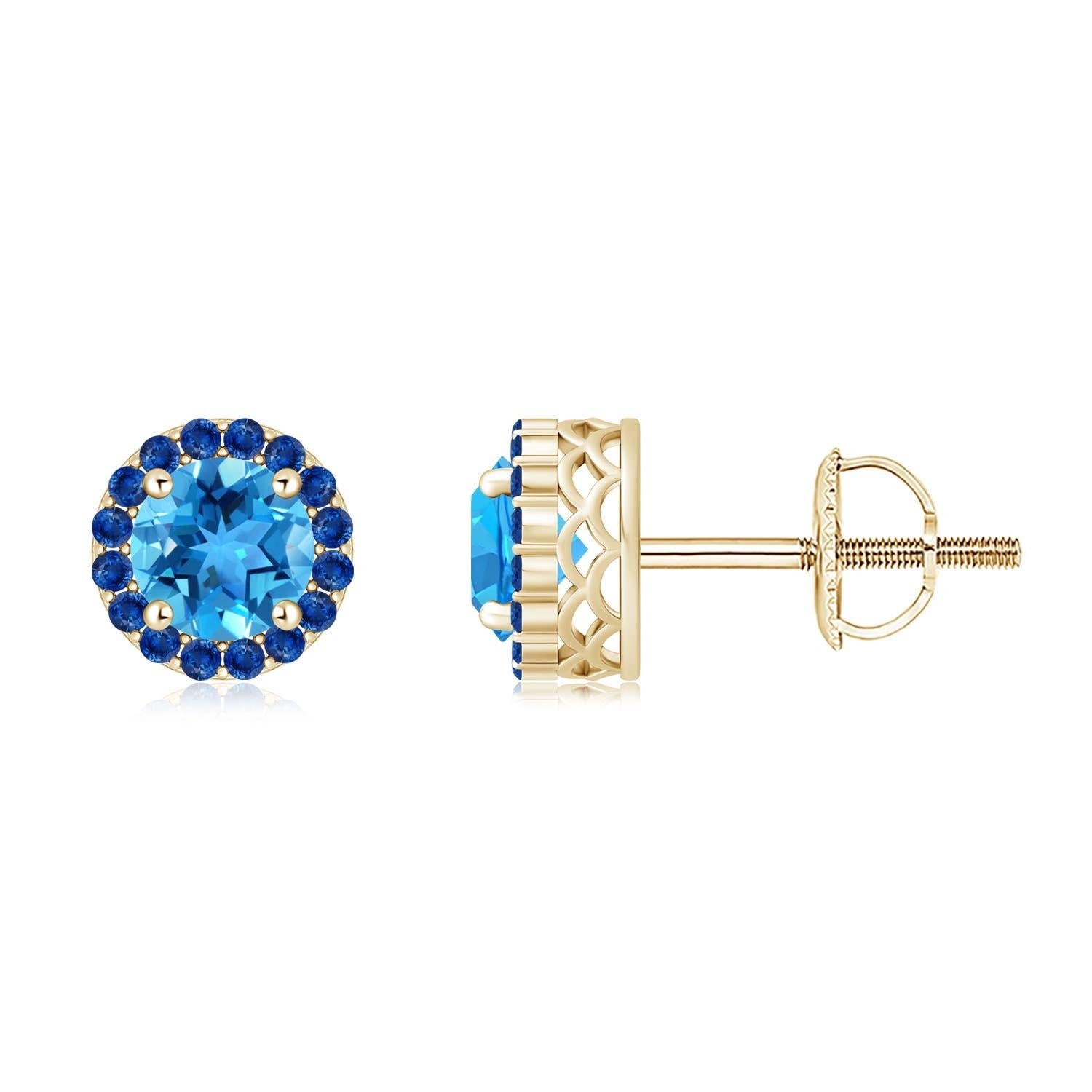 Angara Natural 1.9ct Swiss Blue Topaz and Sapphire Halo Earring in 14K Gold (Boucles d'oreilles en or 14K) Pour femmes en vente