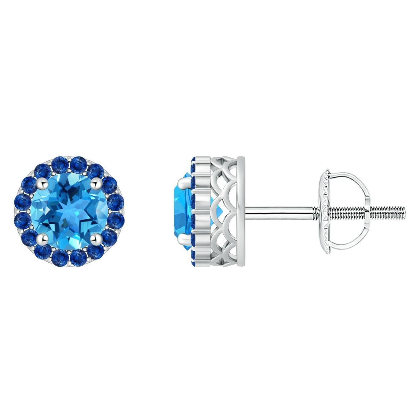 Angara Natural 1.9ct Swiss Blue Topaz and Sapphire Halo Earring in 14K Gold (Boucles d
oreilles en or 14K)