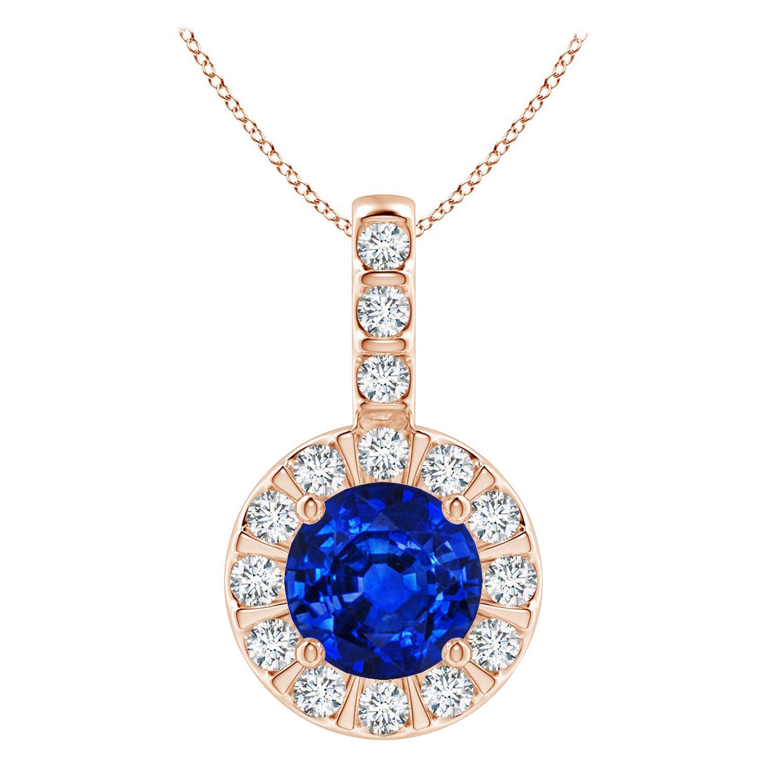 ANGARA Ciondolo con zaffiro blu naturale da 1 centesimo e aureola di diamanti in oro rosa 14 carati