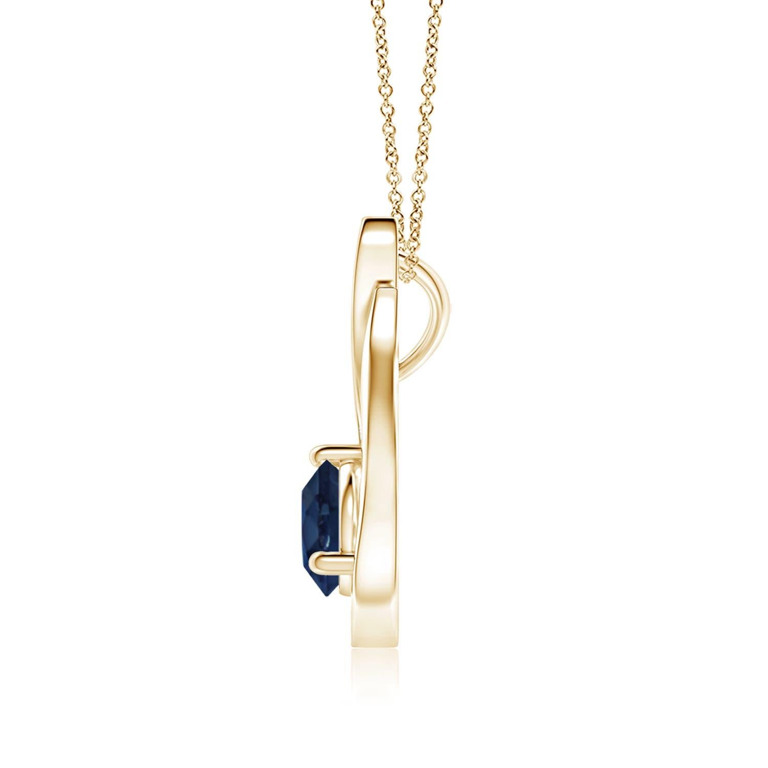 Pendentif tulipe en or jaune 14 carats orné d'un saphir bleu qui vous envoûtera par son éclat divin. Le modèle présente un saphir rond serti sur un anneau et des accents de diamant qui complètent magnifiquement l'éclat de la pierre précieuse,