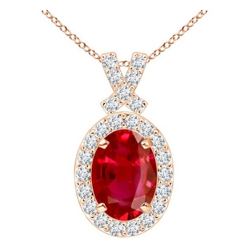 ANGARA Ciondolo con rubino naturale da 1 centesimo e aureola di diamanti in oro rosa 14K