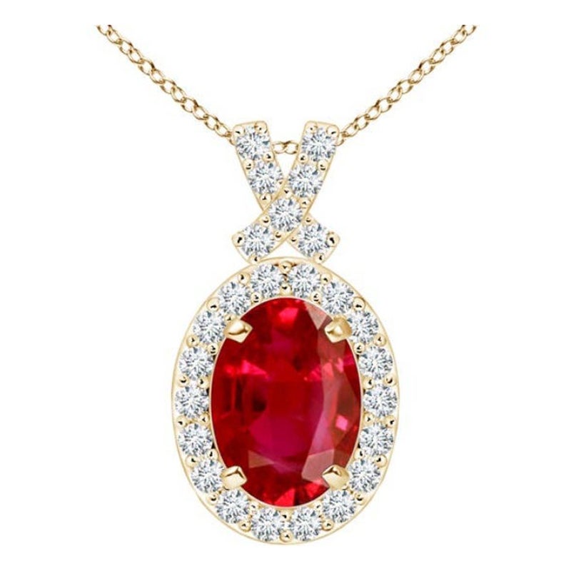 ANGARA Ciondolo con rubino naturale da 1 centesimo e aureola di diamanti in oro giallo 14K