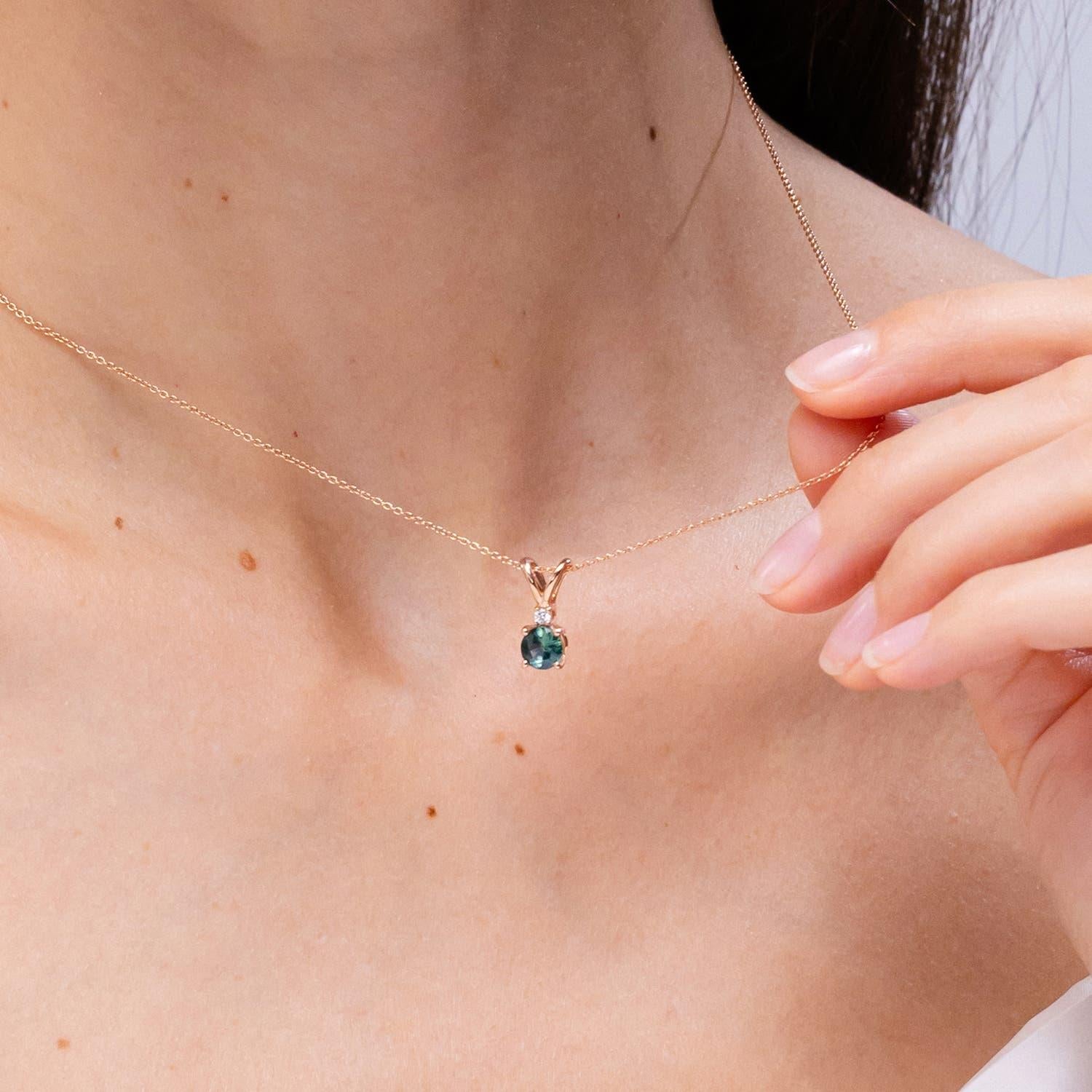 Round Cut Angara Natural 1ct Teal Montana Sapphire & Diamond Solitaire Pendant in 14K Gold For Sale