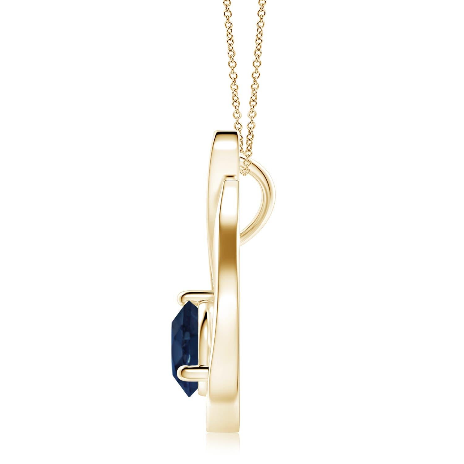 Un colgante tulipán de oro amarillo de 14k con un zafiro azul que te hipnotizará con su divino deslumbramiento. El diseño incluye un zafiro redondo engastado con diamantes que complementan a la perfección el brillo oceánico de la gema. Este colgante